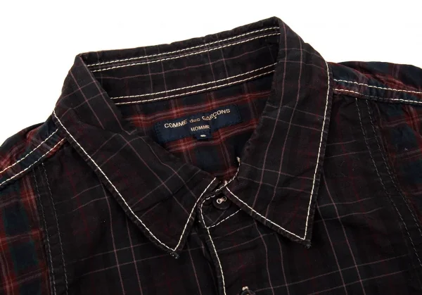 コムデギャルソン オムCOMME des GARCONS HOMME チェックパッカリング切替半袖シャツ 茶系S K-92073_003