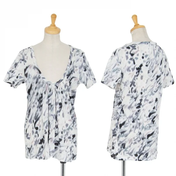 イッセイミヤケ フェットISSEY MIYAKE FETE ぼかしマーブルプリントギャザーTシャツ 白グレー2 K-92184_001