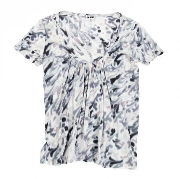イッセイミヤケ フェットISSEY MIYAKE FETE ぼかしマーブルプリントギャザーTシャツ 白グレー2 K-92184_002