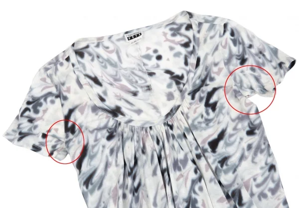 イッセイミヤケ フェットISSEY MIYAKE FETE ぼかしマーブルプリントギャザーTシャツ 白グレー2 K-92184_003