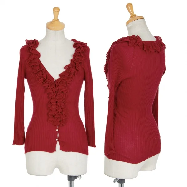 ルイヴィトンLouis Vuitton シルクラッフルリブニットカーディガン 赤M K-92487_001