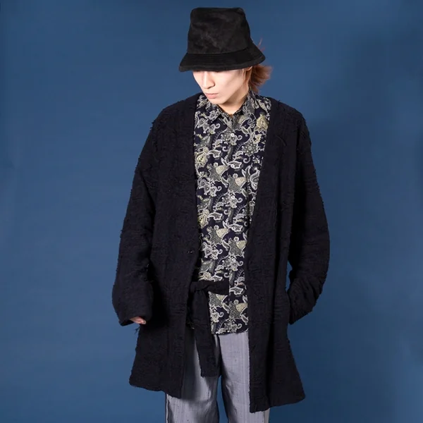 ヨウジヤマモト プールオムYohji Yamamoto POUR HOMME ダメージ加工パイルニットローブカーディガン 黒3 K-92607_015