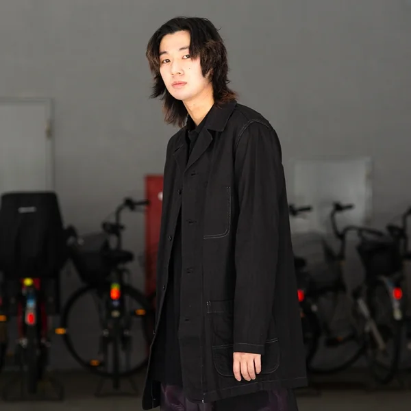 ヨウジヤマモト プールオムYohji Yamamoto POUR HOMME コットンカツラギホワイトステッチジャケット 黒3 K-92609_015