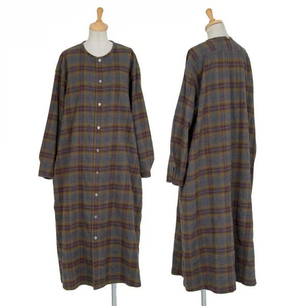 ズッカzucca ノーカラーチェックネルシャツワンピース 茶グレーM K-92795_001