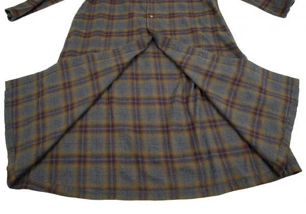 ズッカzucca ノーカラーチェックネルシャツワンピース 茶グレーM K-92795_013