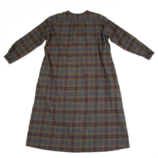 ズッカzucca ノーカラーチェックネルシャツワンピース 茶グレーM K-92795_014