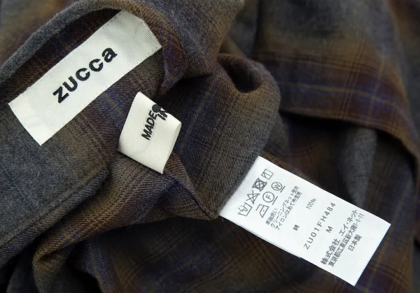 ズッカzucca ノーカラーチェックネルシャツワンピース 茶グレーM K-92795_018