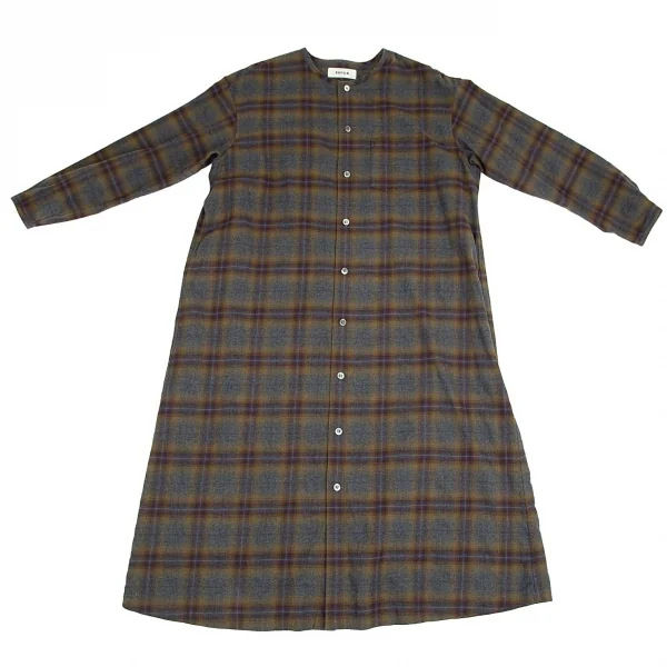 ズッカzucca ノーカラーチェックネルシャツワンピース 茶グレーM K-92795_002