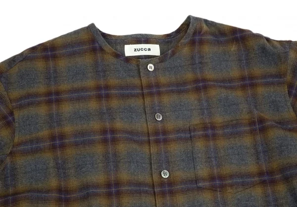 ズッカzucca ノーカラーチェックネルシャツワンピース 茶グレーM K-92795_003