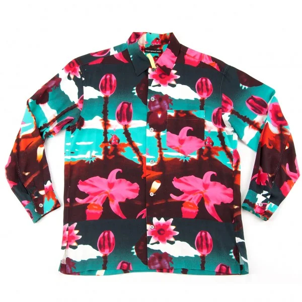 イッセイミヤケISSEY MIYAKE 花柄長袖レーヨンシャツ 青ピンク2 (K-6701)