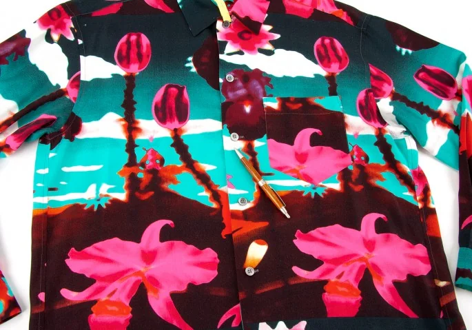 イッセイミヤケISSEY MIYAKE 花柄長袖レーヨンシャツ 青ピンク2 (K-6701)