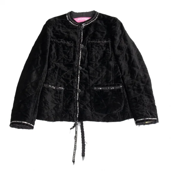 ジュンヤワタナベマンピンク コムデギャルソンJUNYA WATANABE MAN PINK COMME des GARCONS スパンコールブレード装飾ベロアノーカラージャケット 黒S K-93360_002