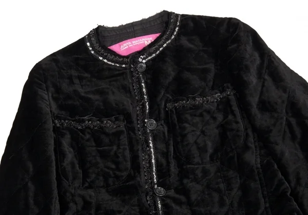 ジュンヤワタナベマンピンク コムデギャルソンJUNYA WATANABE MAN PINK COMME des GARCONS スパンコールブレード装飾ベロアノーカラージャケット 黒S K-93360_003