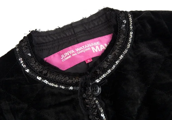 ジュンヤワタナベマンピンク コムデギャルソンJUNYA WATANABE MAN PINK COMME des GARCONS スパンコールブレード装飾ベロアノーカラージャケット 黒S K-93360_004