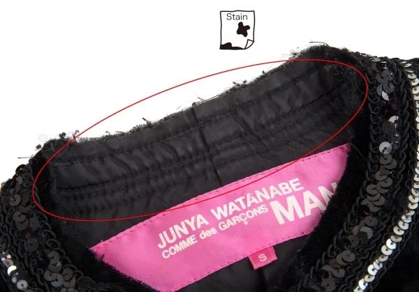 ジュンヤワタナベマンピンク コムデギャルソンJUNYA WATANABE MAN PINK COMME des GARCONS スパンコールブレード装飾ベロアノーカラージャケット 黒S K-93360_005