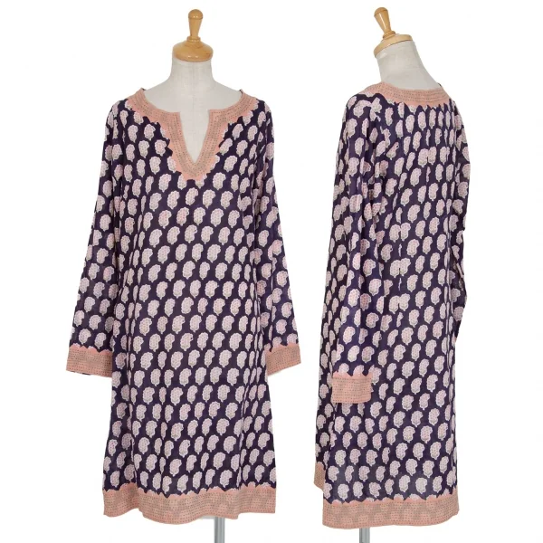 ユナイテッドアローズUNITED ARROWS インドコットン刺し子切替フラワープリントワンピース 紺白1 K-93552_001