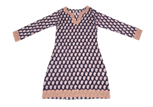 ユナイテッドアローズUNITED ARROWS インドコットン刺し子切替フラワープリントワンピース 紺白1 K-93552_002