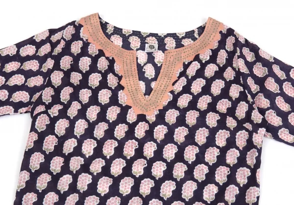 ユナイテッドアローズUNITED ARROWS インドコットン刺し子切替フラワープリントワンピース 紺白1 K-93552_003