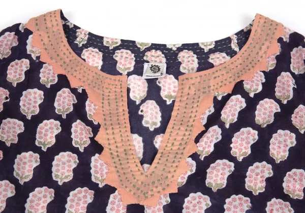 ユナイテッドアローズUNITED ARROWS インドコットン刺し子切替フラワープリントワンピース 紺白1 K-93552_004