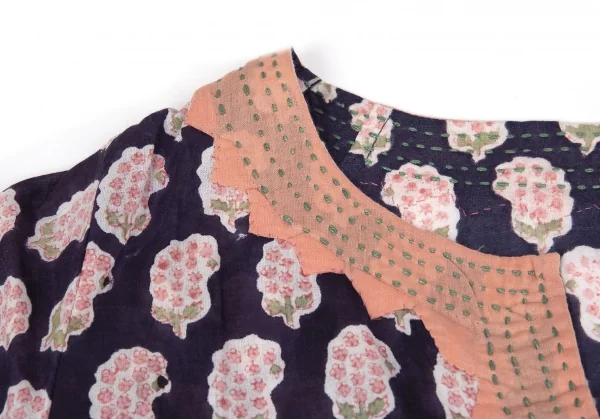 ユナイテッドアローズUNITED ARROWS インドコットン刺し子切替フラワープリントワンピース 紺白1 K-93552_005