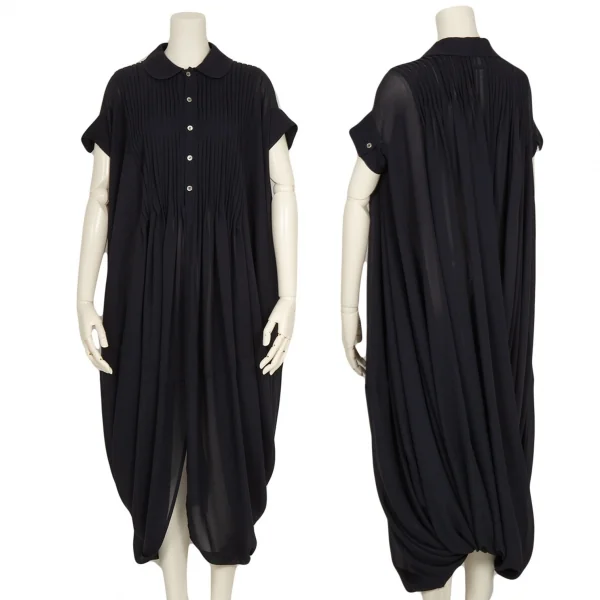 ジュンヤワタナベ コムデギャルソンJUNYA WATANABE COMME des GARCONS シフォンピンタックドレープラウンドカラーブラウスワンピース 濃紺S K-93604_001