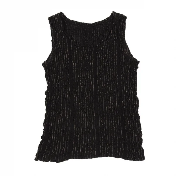イッセイミヤケミーISSEY MIYAKE me ストライプ刺繍シワ加工タンクトップ 黒F K-93719_002
