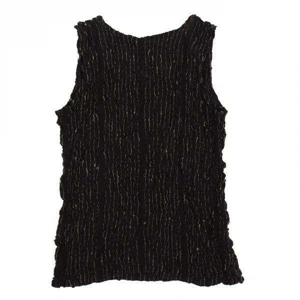 イッセイミヤケミーISSEY MIYAKE me ストライプ刺繍シワ加工タンクトップ 黒F K-93719_007