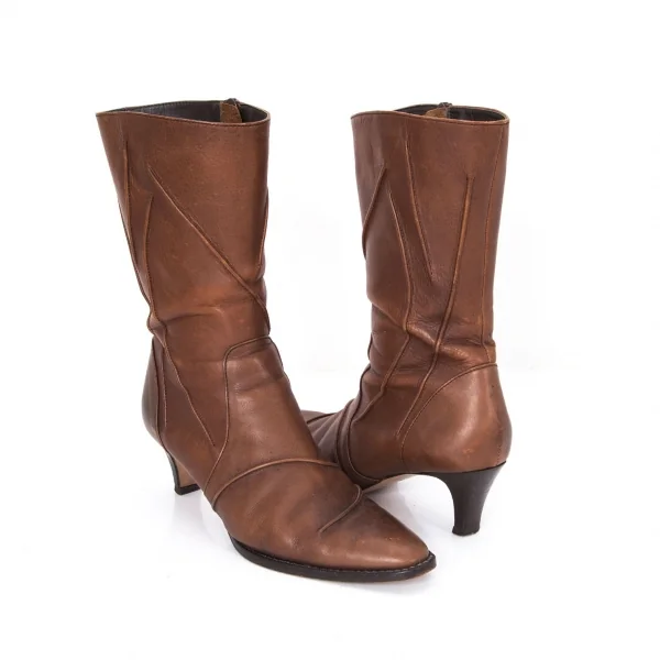 イッセイミヤケ フェットISSEY MIYAKE FETE タックレザーヒールブーツ 茶23.5 K-94122_001