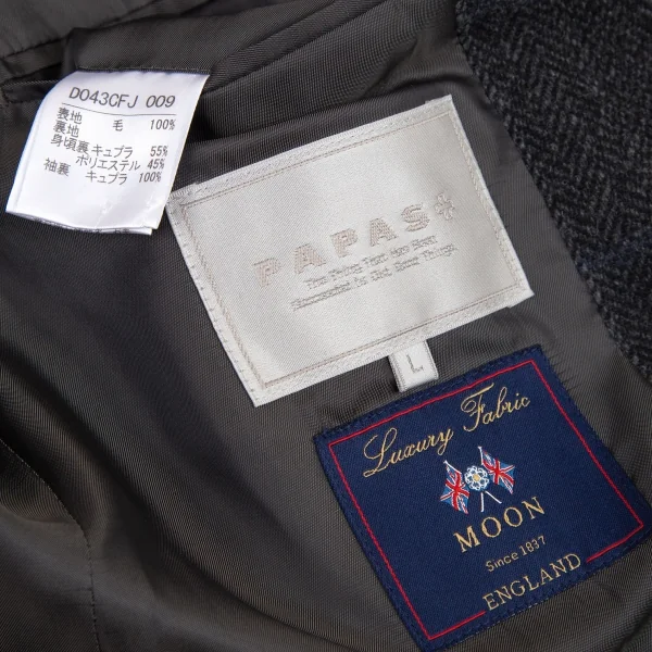 パパスプラスPapas+ MOON社ファブリックチェックヘリンボーンウールジャケット グレーL K-94154_014