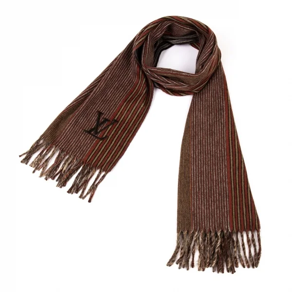 ルイ・ヴィトンLOUIS VUITTON ストライプカシミヤフリンジマフラー エンジ他 K-94207_001