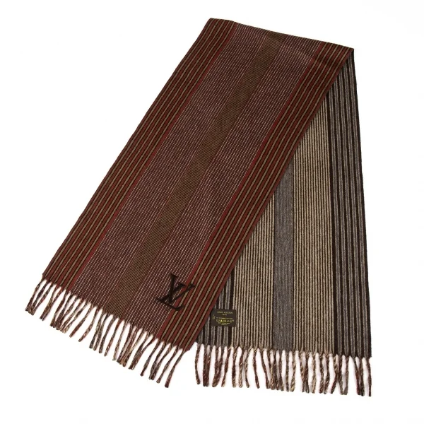 ルイ・ヴィトンLOUIS VUITTON ストライプカシミヤフリンジマフラー エンジ他 K-94207_002