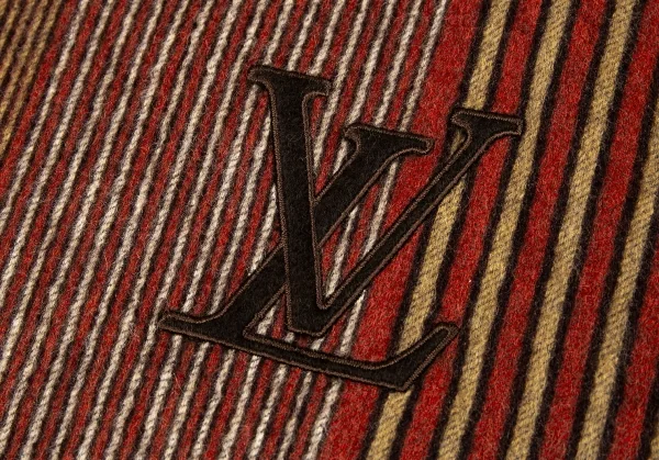 ルイ・ヴィトンLOUIS VUITTON ストライプカシミヤフリンジマフラー エンジ他 K-94207_004