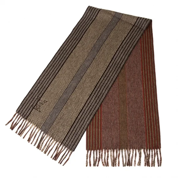 ルイ・ヴィトンLOUIS VUITTON ストライプカシミヤフリンジマフラー エンジ他 K-94207_005