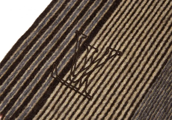 ルイ・ヴィトンLOUIS VUITTON ストライプカシミヤフリンジマフラー エンジ他 K-94207_006