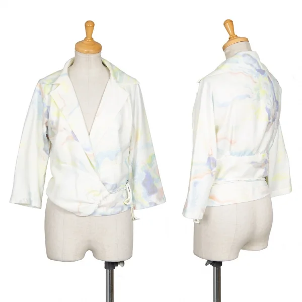 イッセイミヤケISSEY MIYAKE マーブルプリントカシュクールデザインジャケット 白マルチ2 K-94268_001