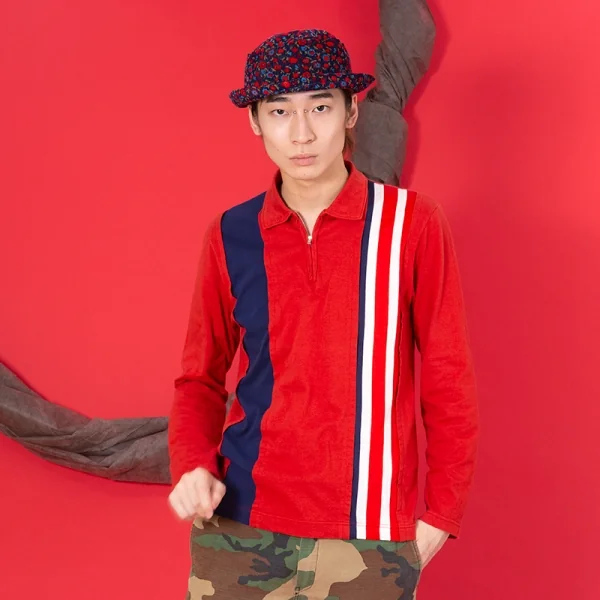 COMME des GARCONS HOMME PLUS Striped Switching Half Zip Top K-94459_015