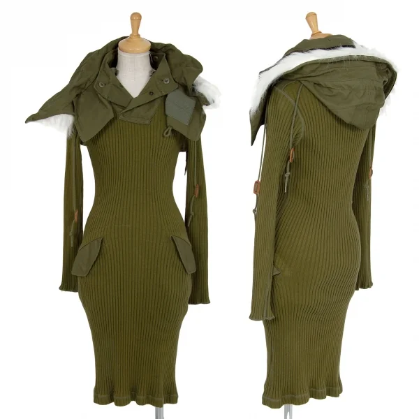 ジュンヤワタナベ コムデギャルソンJUNYA WATANABE COMME des GARCONS ファーフード付きコマンドニットワンピース カーキS K-94855_001