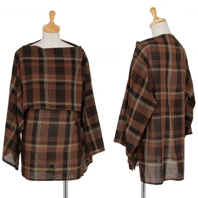 イッセイミヤケISSEY MIYAKEフラップデザインチェックブラウス 茶黒