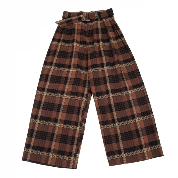 イッセイミヤケISSEY MIYAKEベルト付きチェックワイドパンツ 茶黒M K-95064_001