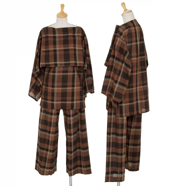 イッセイミヤケISSEY MIYAKEベルト付きチェックワイドパンツ 茶黒M K-95064_014