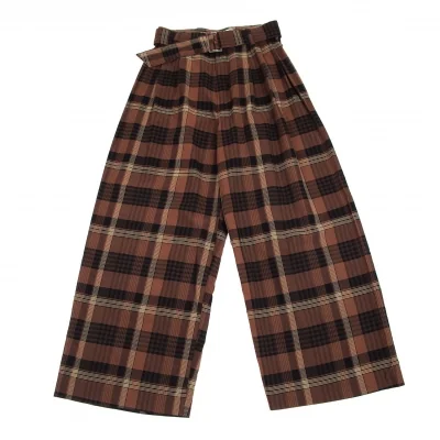 イッセイミヤケISSEY MIYAKEベルト付きチェックワイドパンツ 茶黒