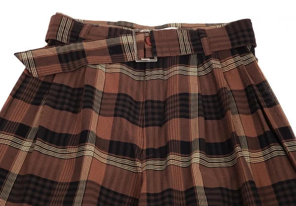 イッセイミヤケISSEY MIYAKEベルト付きチェックワイドパンツ 茶黒M K-95064_002