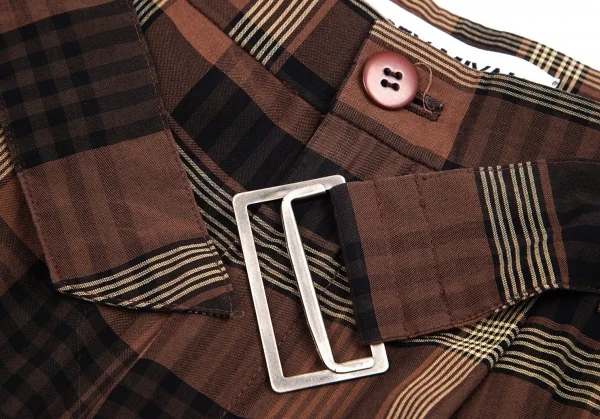 イッセイミヤケISSEY MIYAKEベルト付きチェックワイドパンツ 茶黒M K-95064_004