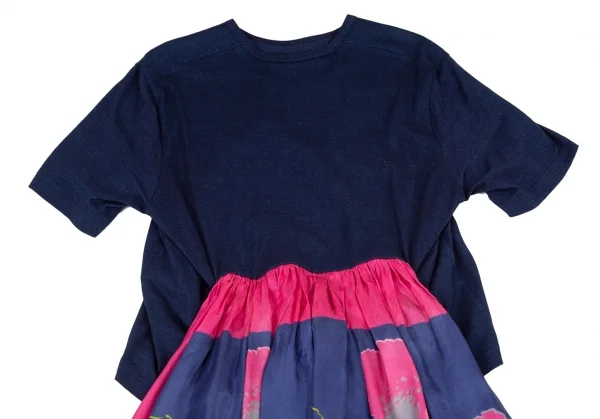 ジュンヤワタナベ コムデギャルソンJUNYA WATANABE COMME des GARCONS フラワープリントTシャツドッキングワンピース インディゴピンクXS K-95208_012