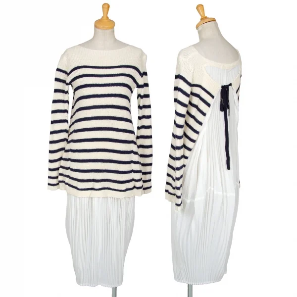 ジュンヤワタナベ コムデギャルソンJUNYA WATANABE COMME des GARCONS プリーツレイヤードマリンボーダーニットワンピース 紺オフXS K-95209_001