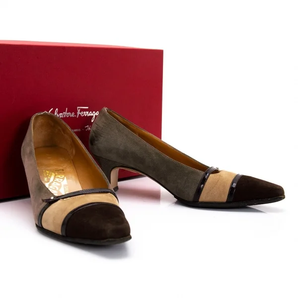 サルバトーレフェラガモSalvatoreFerragamo スウェードトリカラー切替パンプス グレーベージュ茶5(22位) K-95297_001