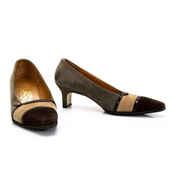 サルバトーレフェラガモSalvatoreFerragamo スウェードトリカラー切替パンプス グレーベージュ茶5(22位) K-95297_002