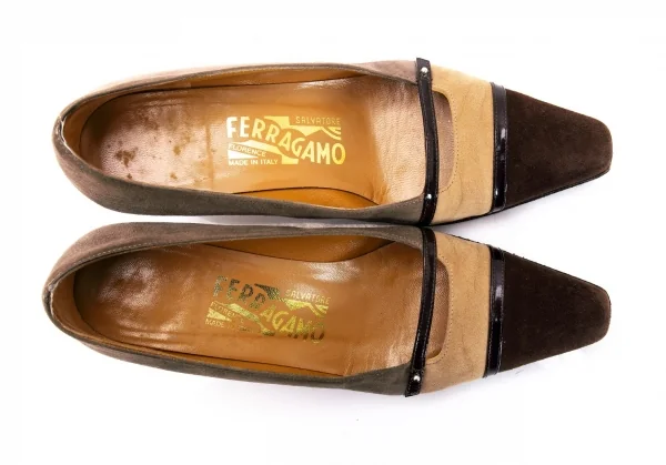 サルバトーレフェラガモSalvatoreFerragamo スウェードトリカラー切替パンプス グレーベージュ茶5(22位) K-95297_003