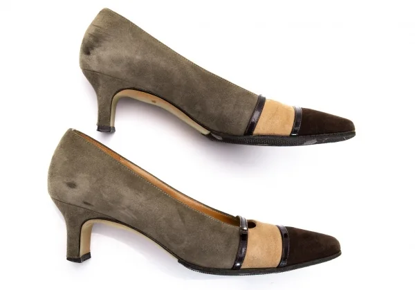 サルバトーレフェラガモSalvatoreFerragamo スウェードトリカラー切替パンプス グレーベージュ茶5(22位) K-95297_004