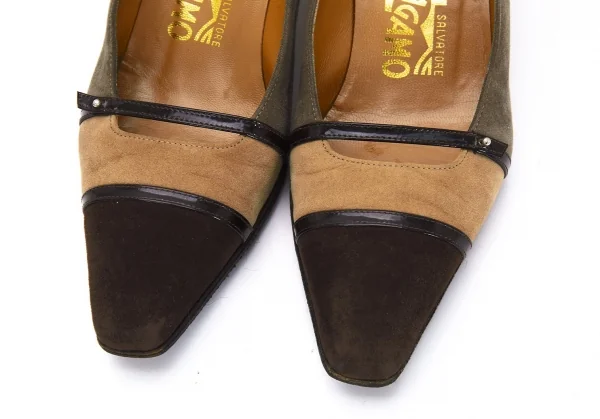 サルバトーレフェラガモSalvatoreFerragamo スウェードトリカラー切替パンプス グレーベージュ茶5(22位) K-95297_007